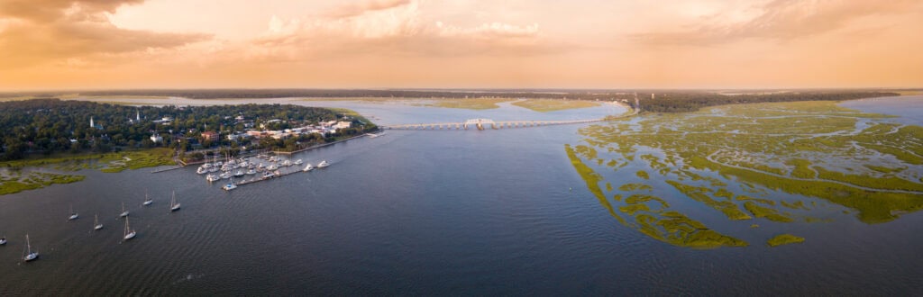 180 degree aerial panorama of Beaufort, South Carolina, USA.